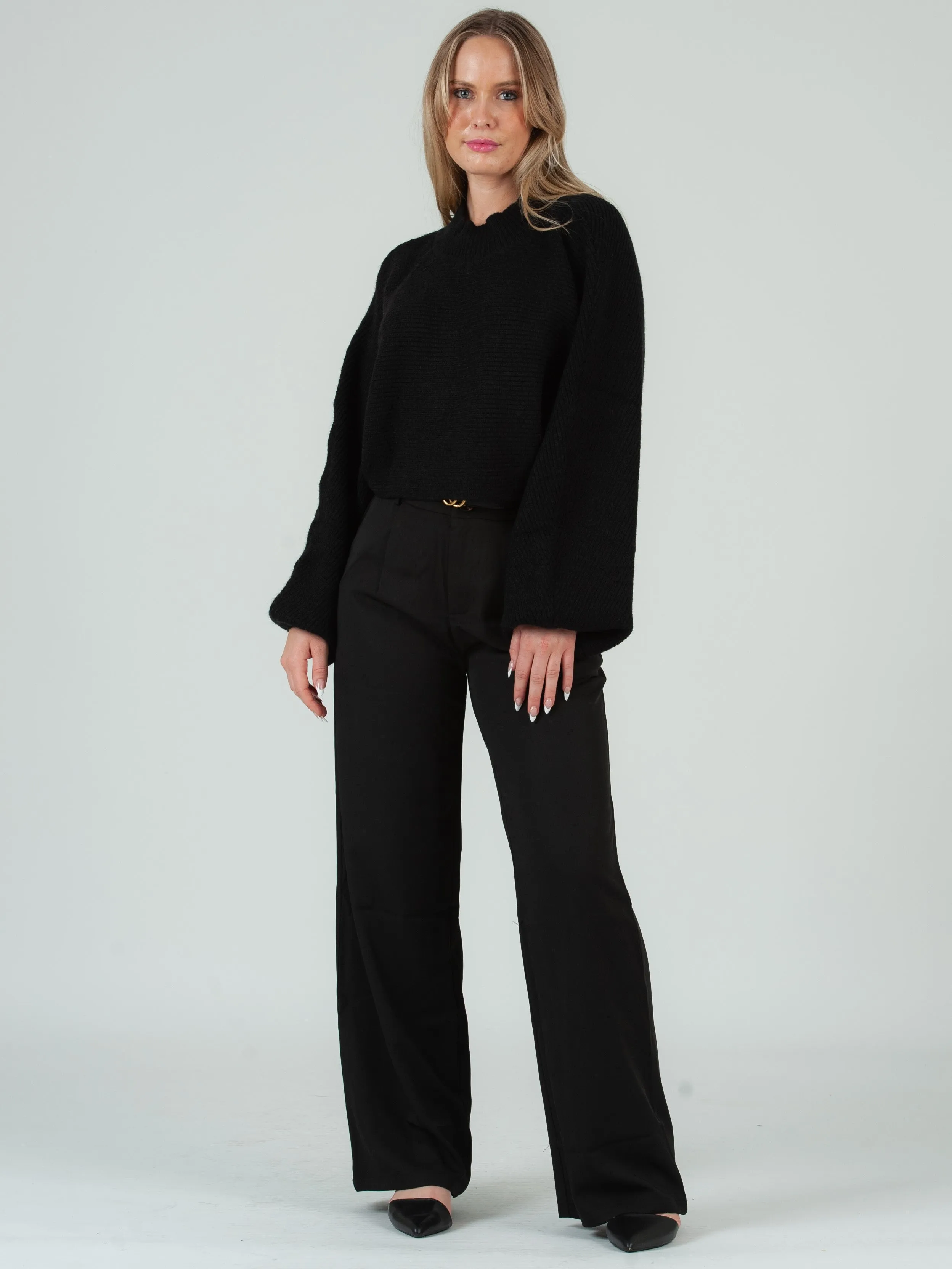 FREYA CROPPED BALLOON SLEEVE RIBBED SWEATER-BLACK sold by Lucca Couture product image thumbnail 4