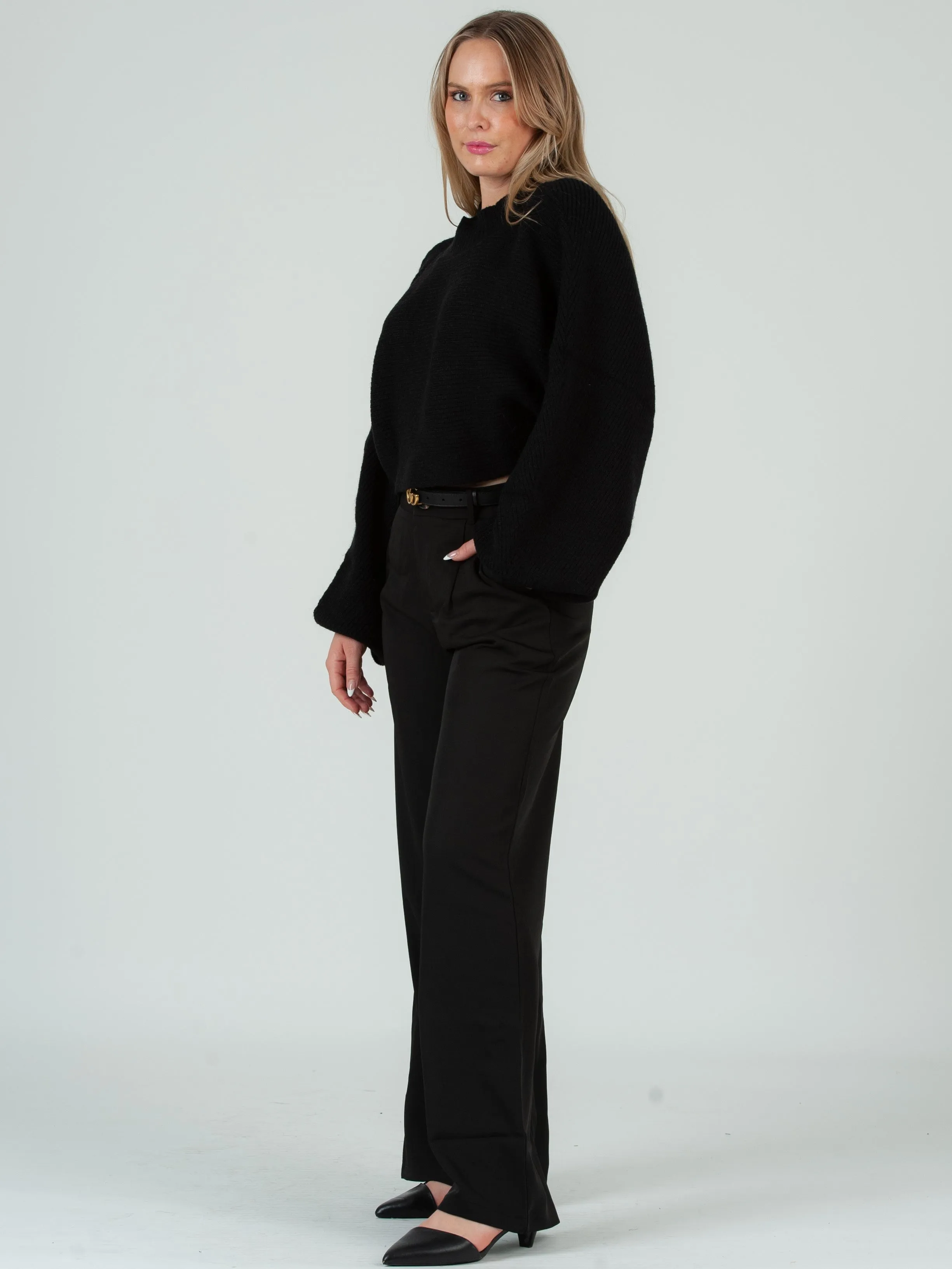 FREYA CROPPED BALLOON SLEEVE RIBBED SWEATER-BLACK sold by Lucca Couture product image thumbnail 2