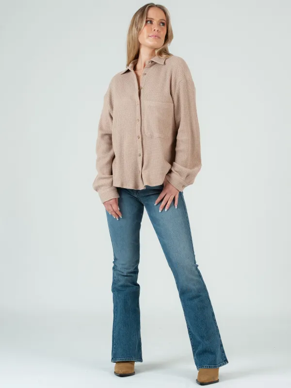 SHAILENE WAFFLE BUTTON DOWN TOP-SANDY sold by Lucca Couture