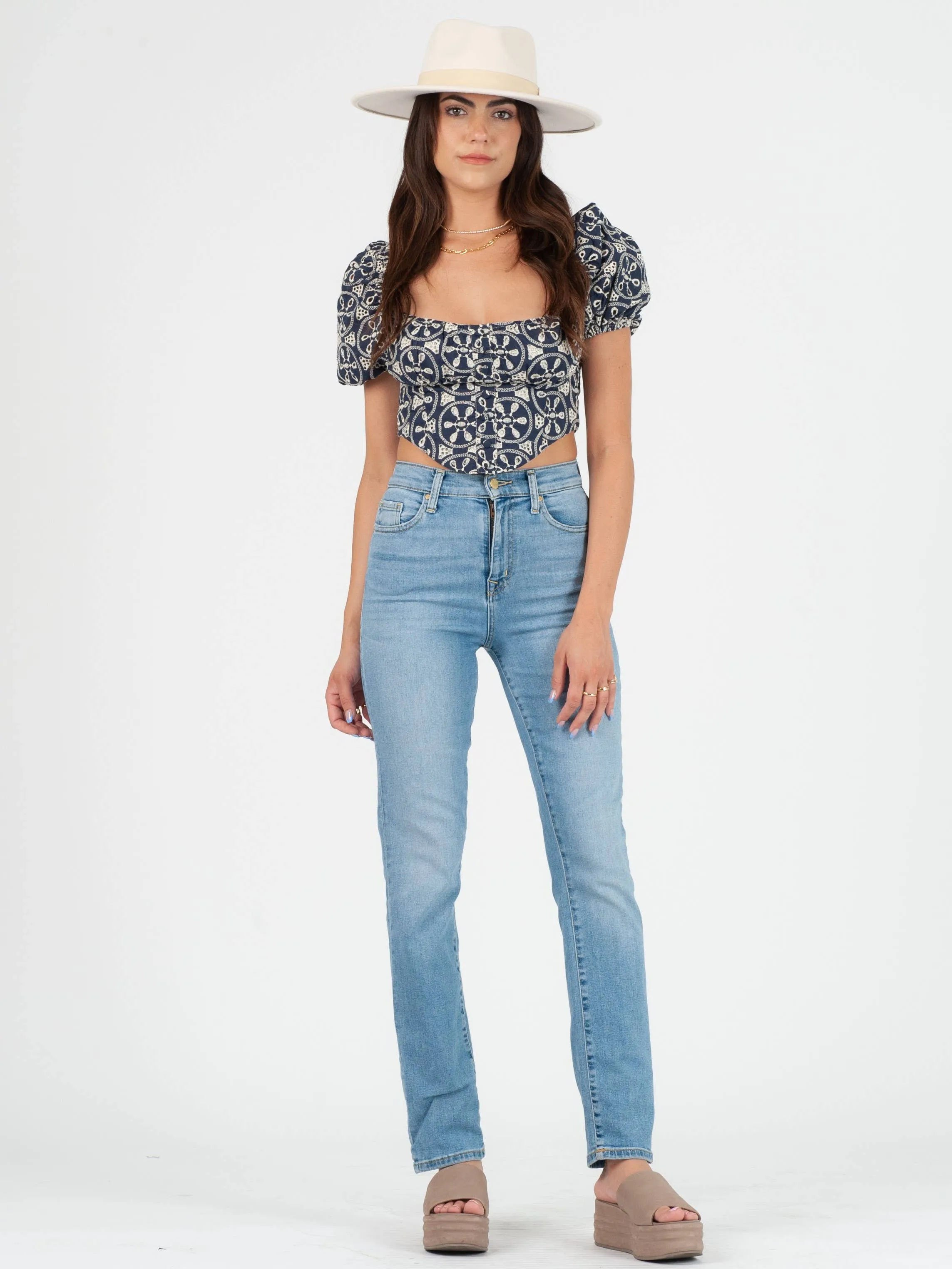 CELESTE EYELET PUFF SLEEVE TOP-NAVY sold by Lucca Couture