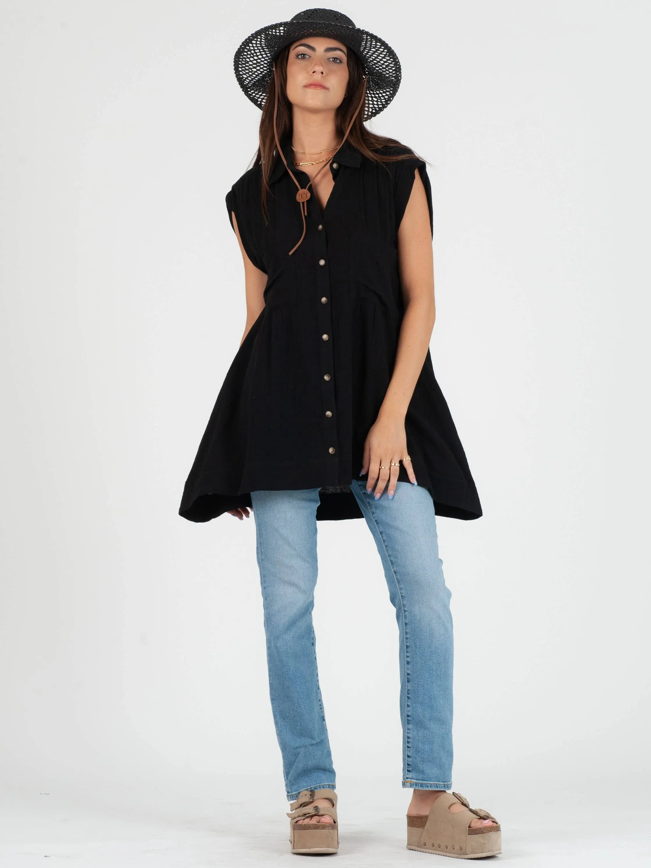 GABRIELA BUTTON DOWN TUNIC-BLACK sold by Lucca Couture