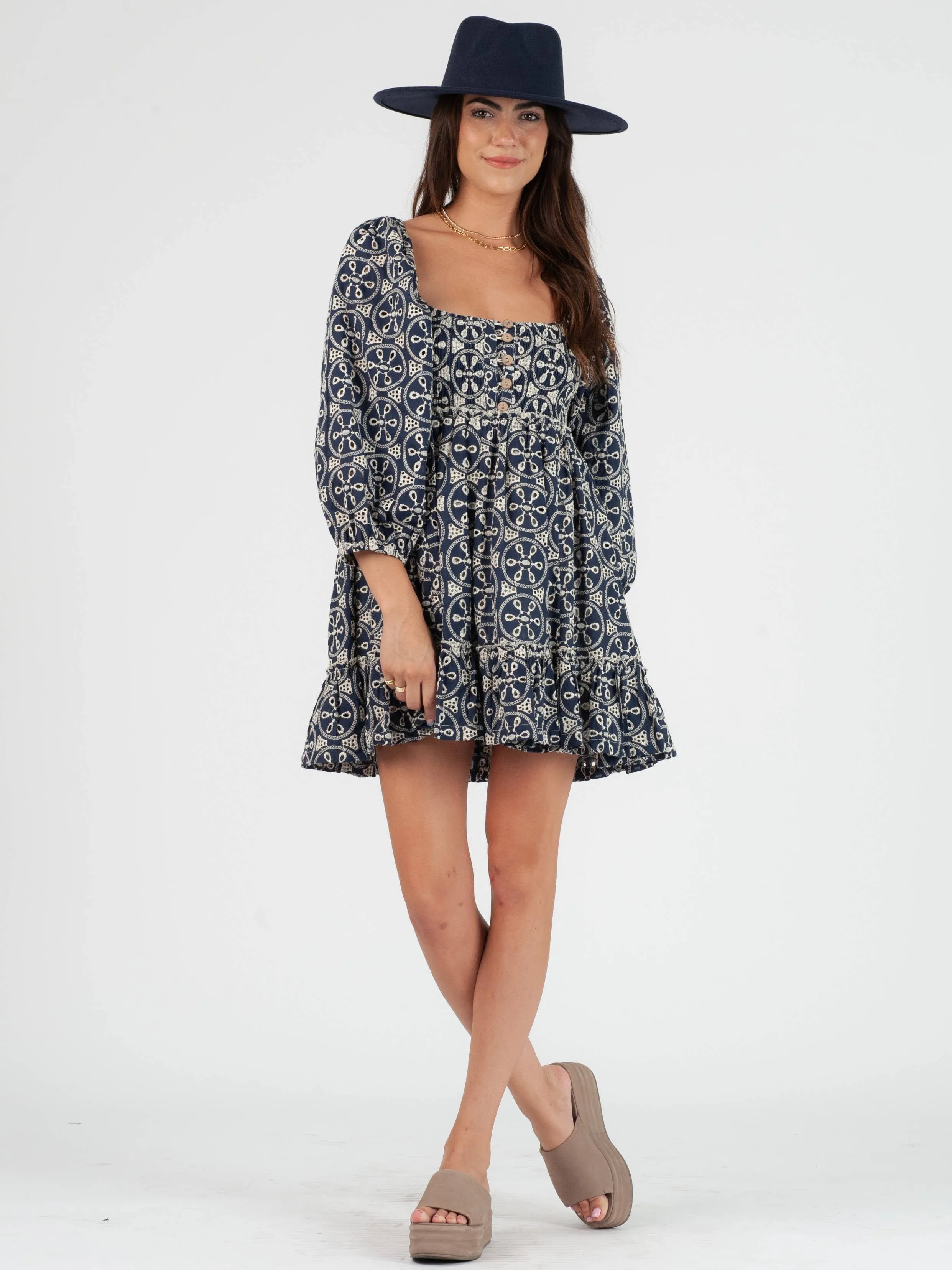 FAITH EYELET MINI DRESS-NAVY sold by Lucca Couture