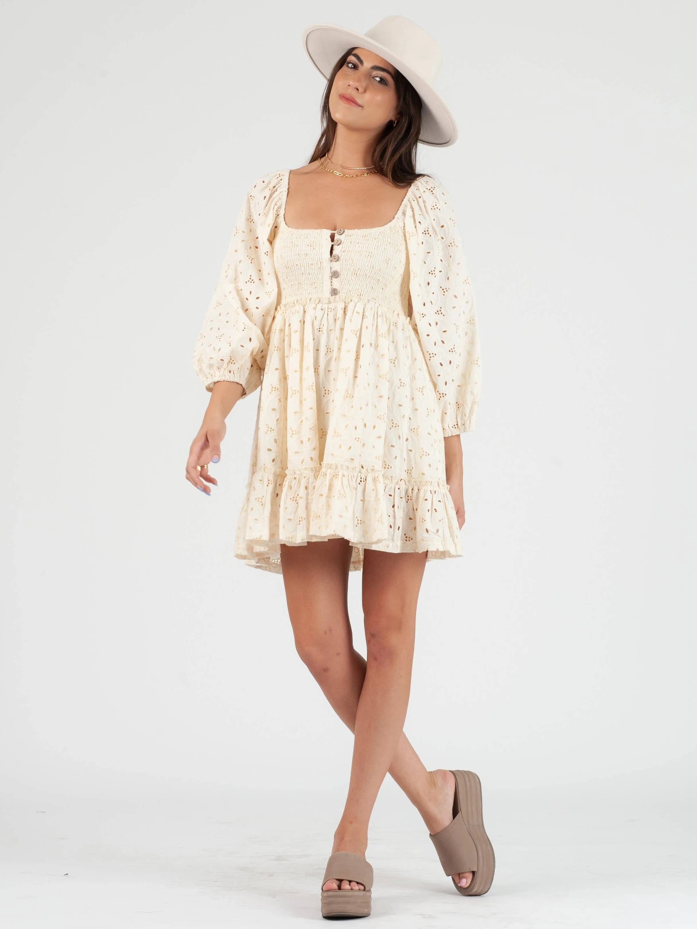 FAITH EYELET MINI DRESS-IVORY sold by Lucca Couture