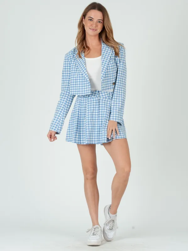 KAILEY BLAZER AND SKIRT SET-SKY GINGHAM sold by Lucca Couture