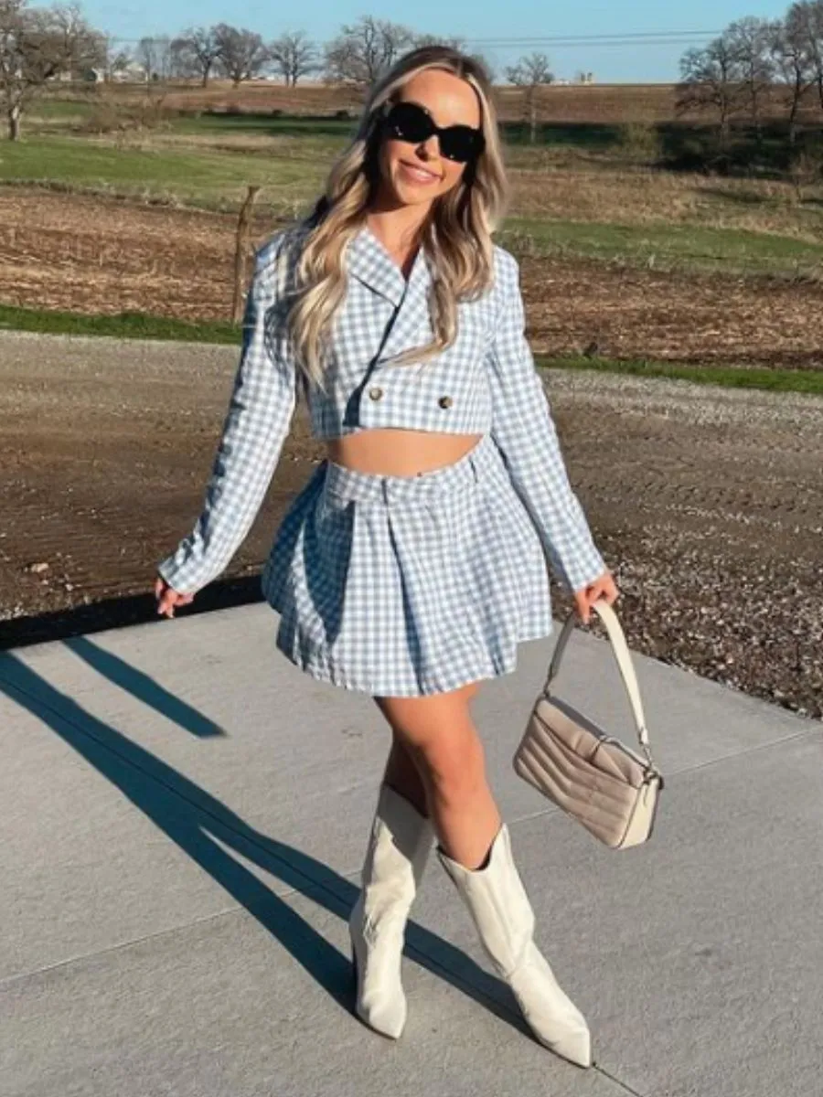 KAILEY BLAZER AND SKIRT SET-SKY GINGHAM sold by Lucca Couture product image thumbnail 5