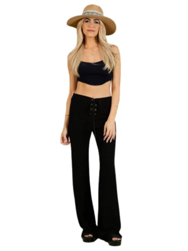 KENNA LACE FRONT FLARE PANTS-BLACK sold by Lucca Couture