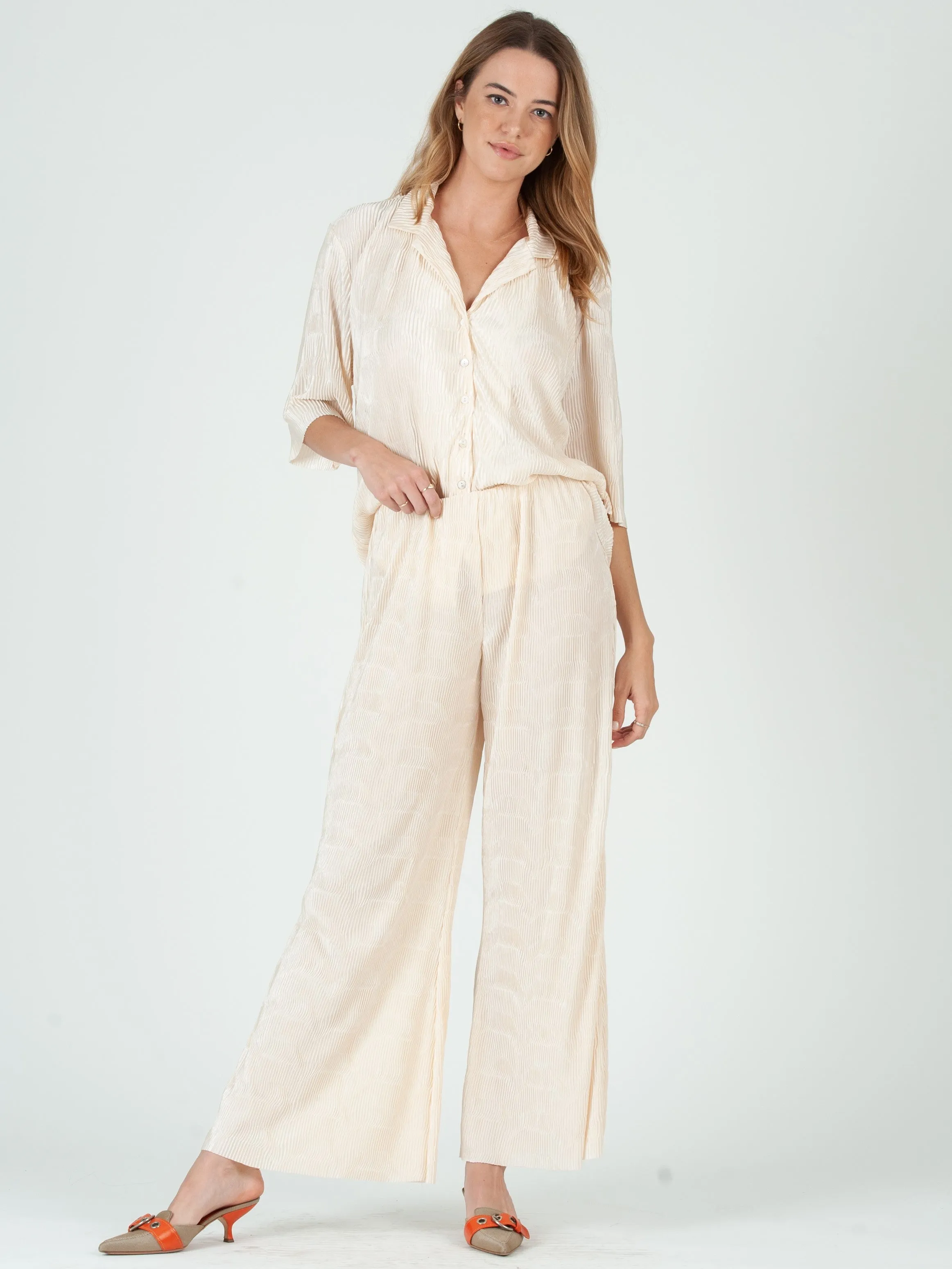 RALEIGH BUTTON DOWN TOP AND PANT SET-CREME sold by Lucca Couture