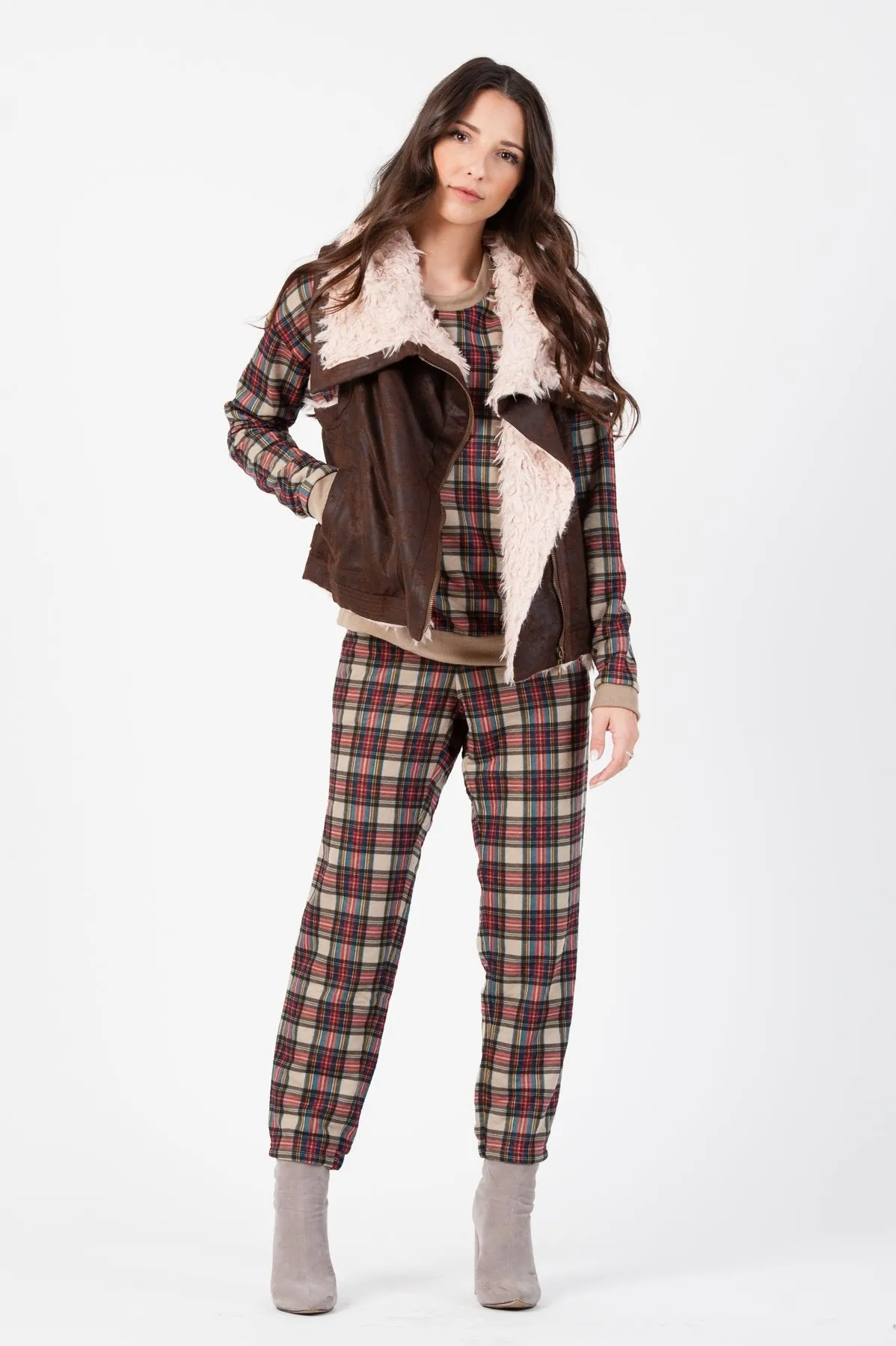 QUILTED JOGGER PANT-TAN RED PLAID sold by Lucca Couture product image thumbnail 2