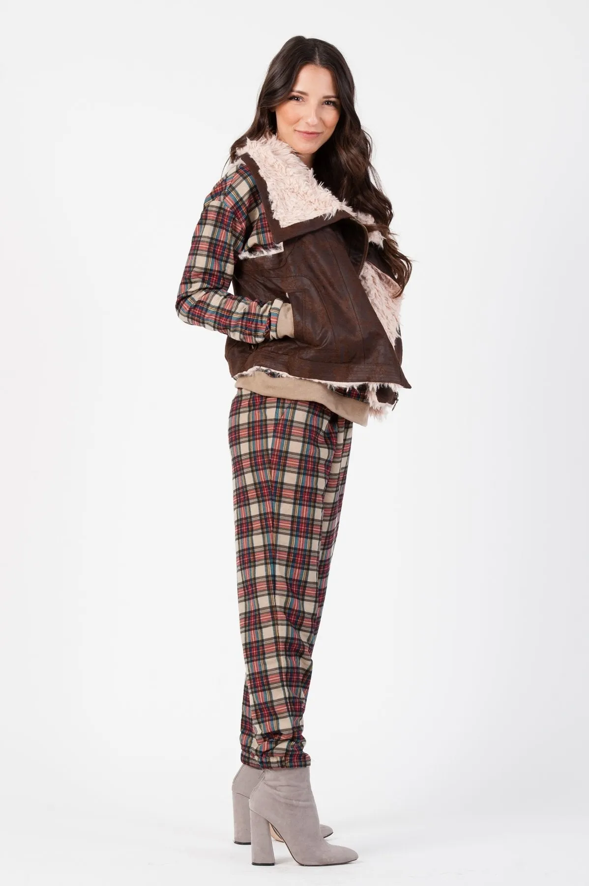 QUILTED JOGGER PANT-TAN RED PLAID sold by Lucca Couture product image thumbnail 3