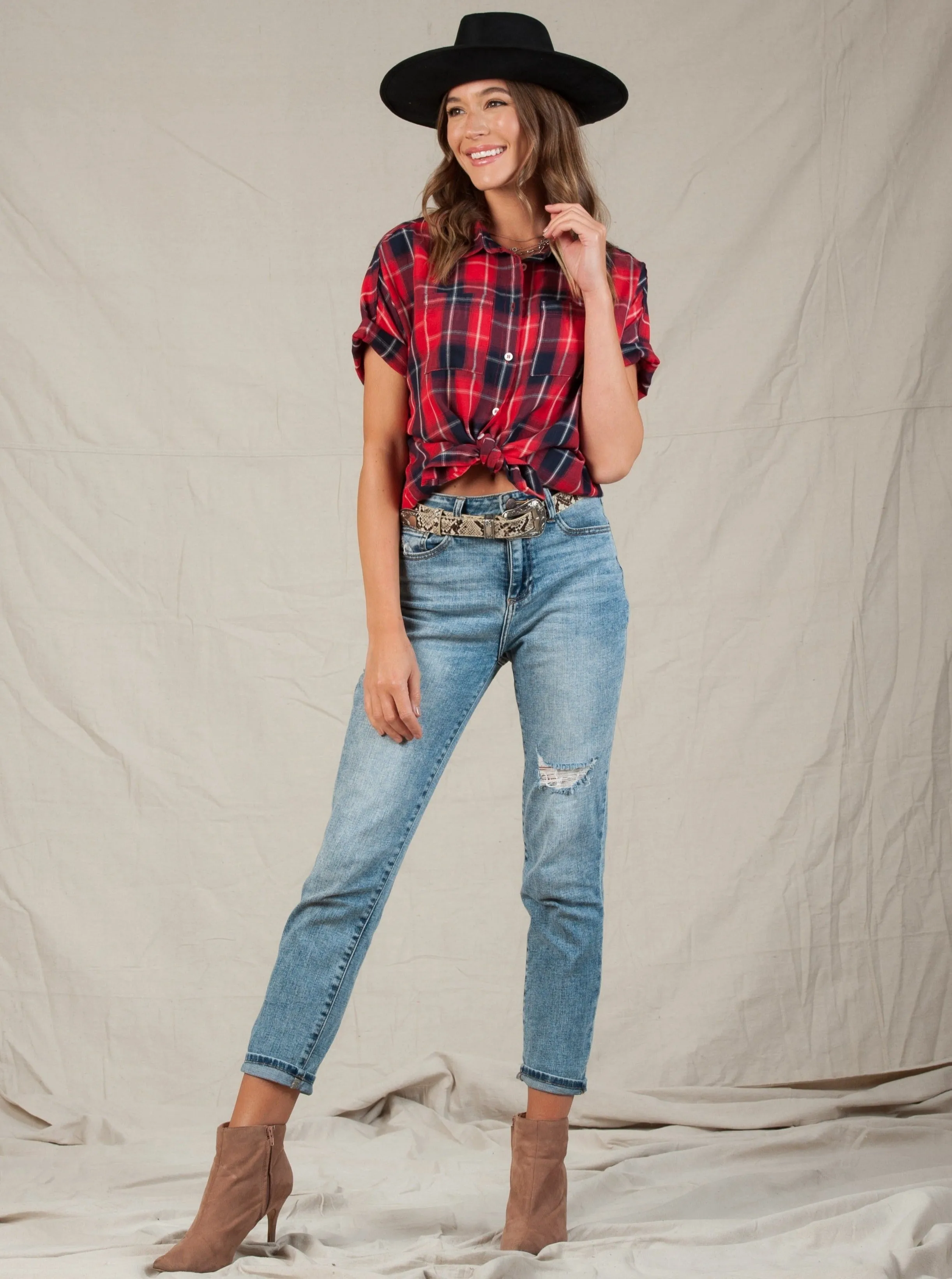 BILLY BUTTON DOWN TOP-RED PLAID sold by Lucca Couture product image thumbnail 2