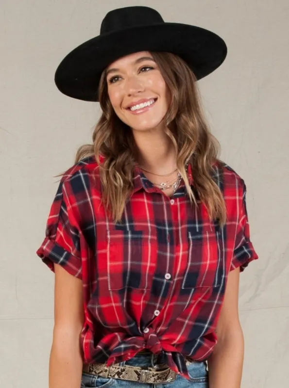 BILLY BUTTON DOWN TOP-RED PLAID sold by Lucca Couture