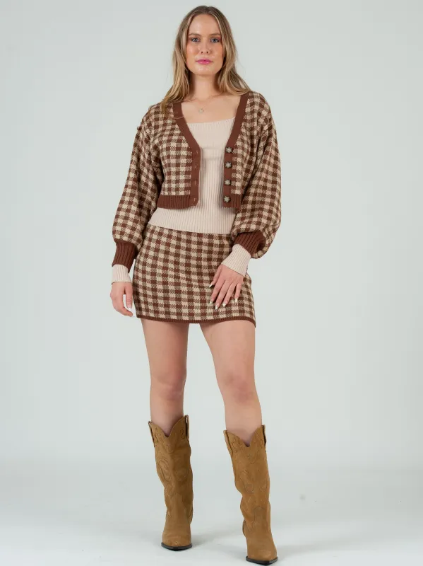 Women’s Mini Checkered Sweater Knit Cardigan & Skirt Set made by Lucca Couture