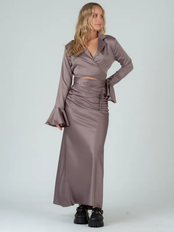 ELISA SATIN WRAP TOP AND SKIRT SET-TAMARIND PLUM sold by Lucca Couture