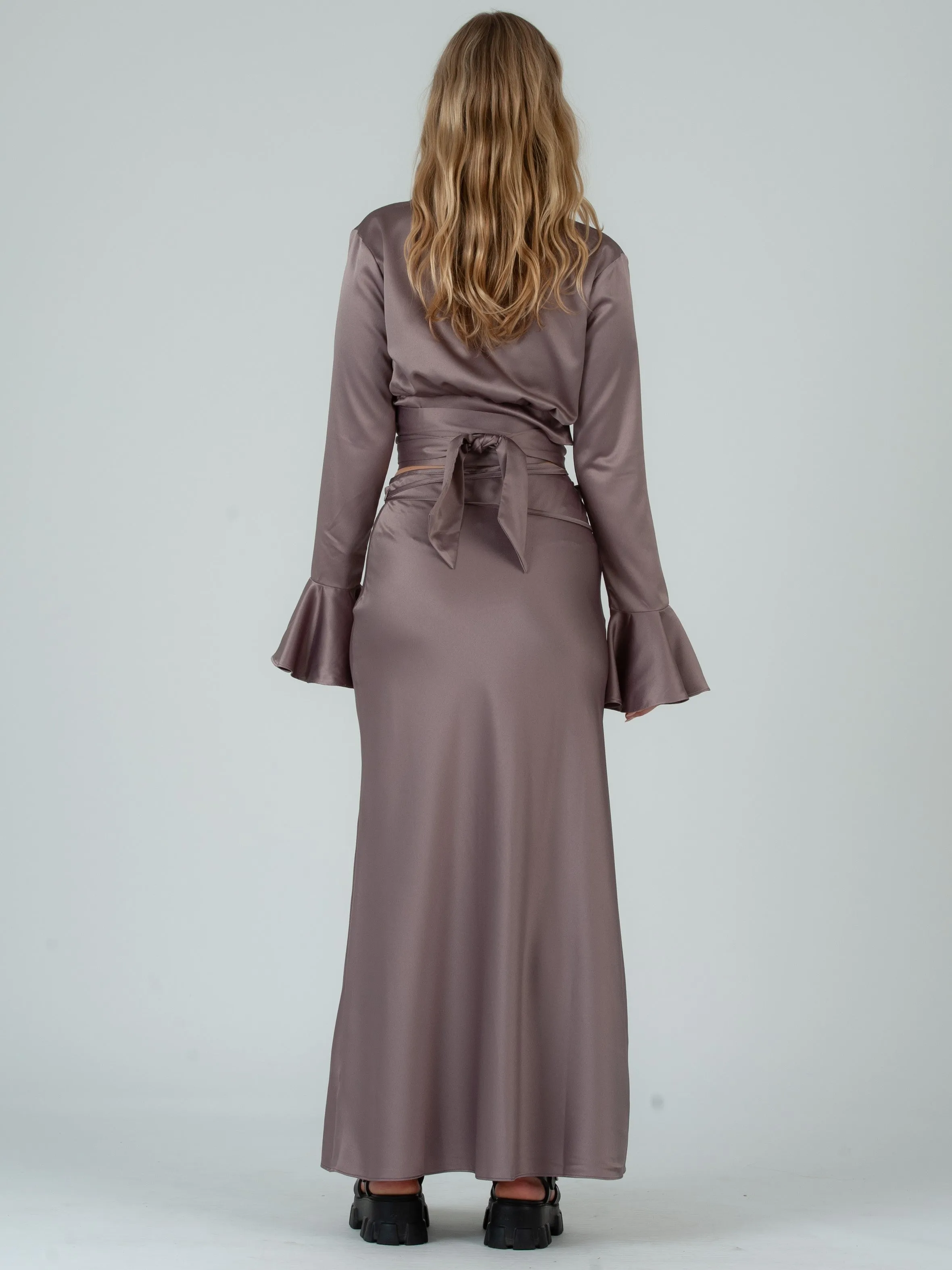 ELISA SATIN WRAP TOP AND SKIRT SET-TAMARIND PLUM sold by Lucca Couture product image thumbnail 3