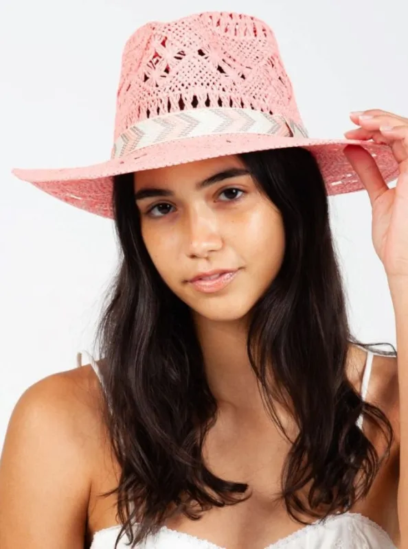 CLARABELLE STRAW FEDORA HAT-PINK sold by Lucca Couture