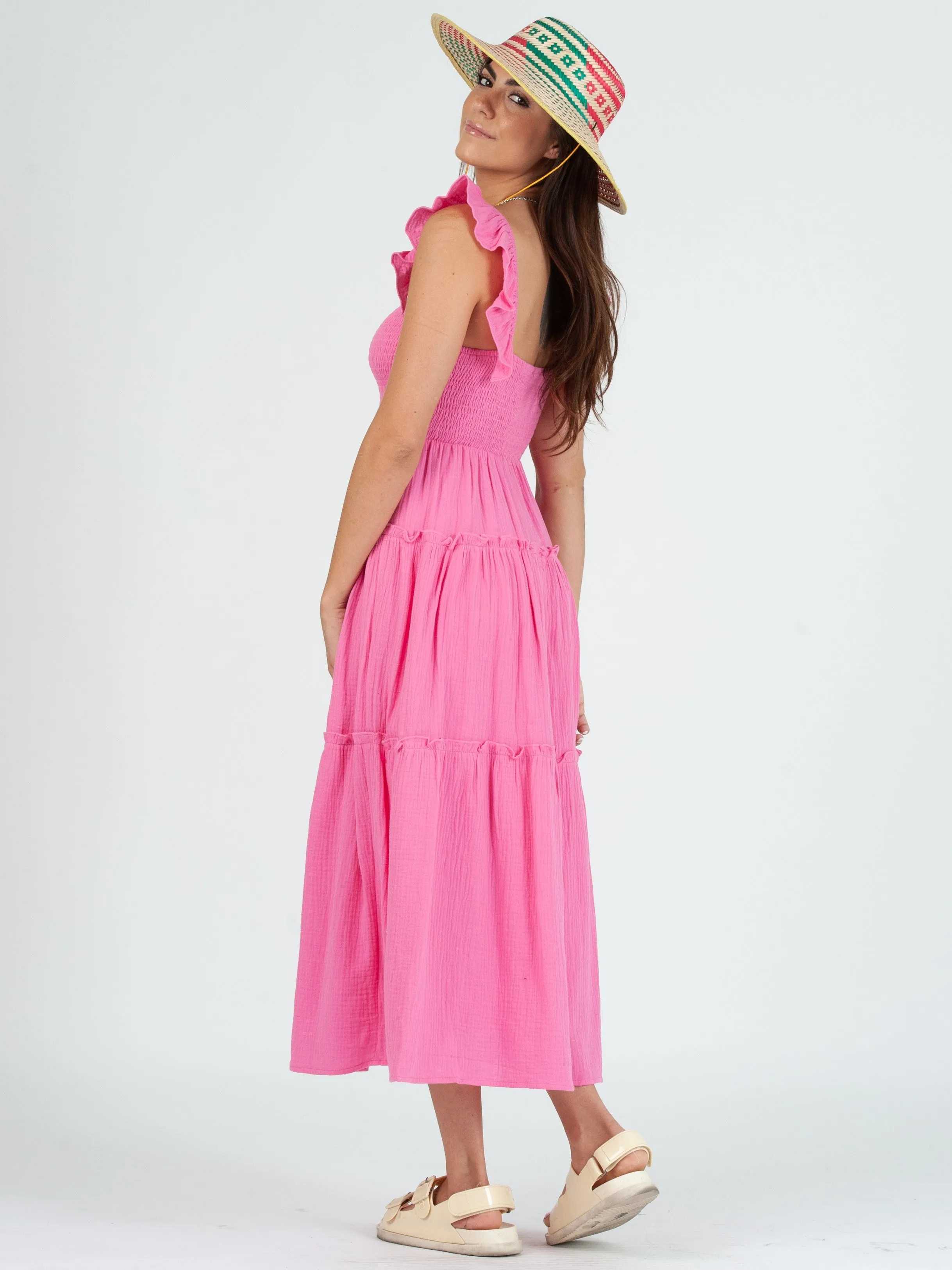 JUDY CRINKLE GAUZE TIERED DRESS-PINK sold by Lucca Couture product image thumbnail 4