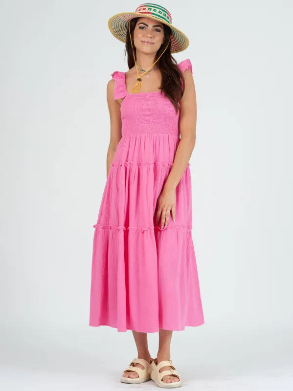 JUDY CRINKLE GAUZE TIERED DRESS-PINK sold by Lucca Couture