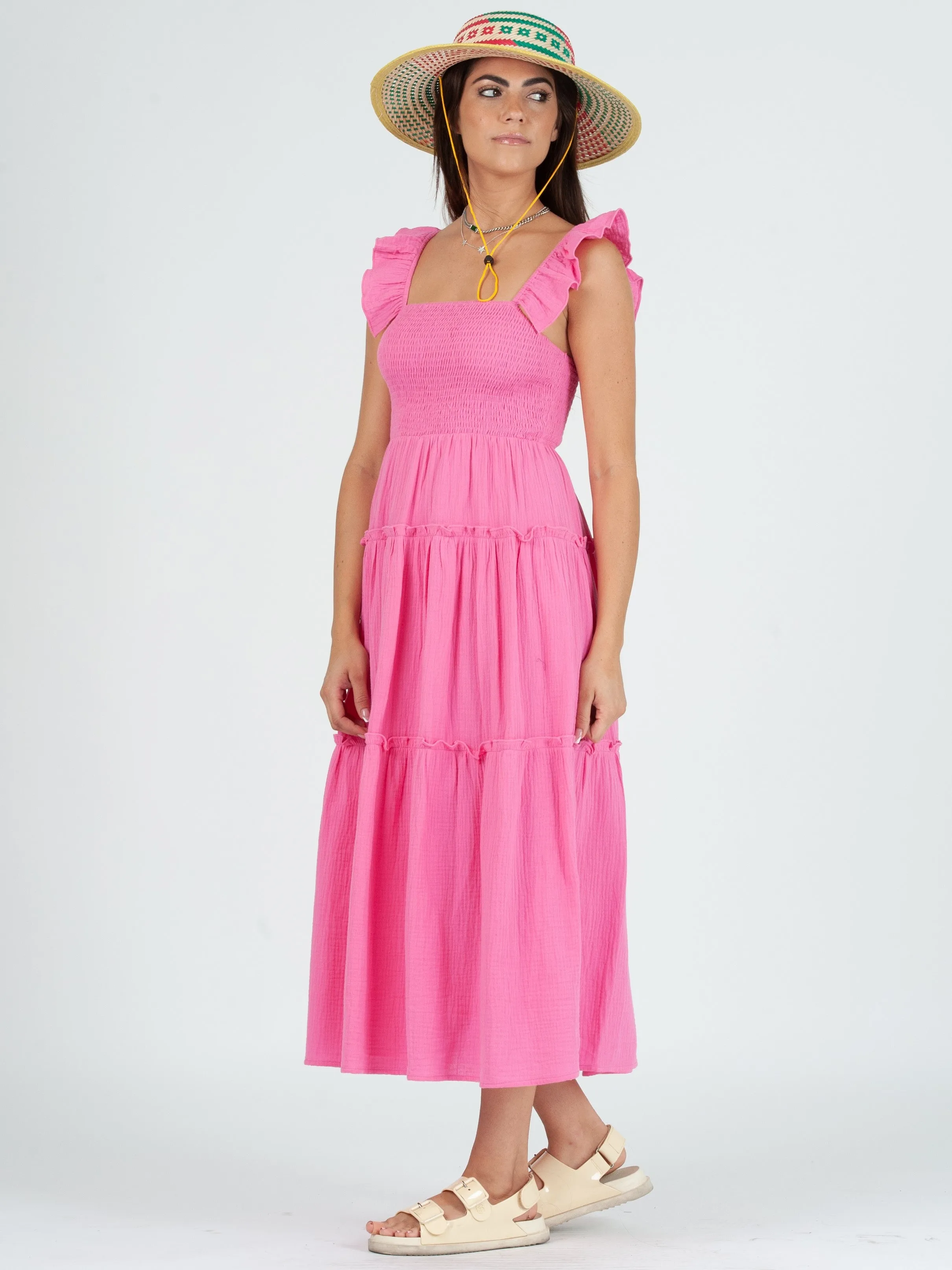 JUDY CRINKLE GAUZE TIERED DRESS-PINK sold by Lucca Couture product image thumbnail 2