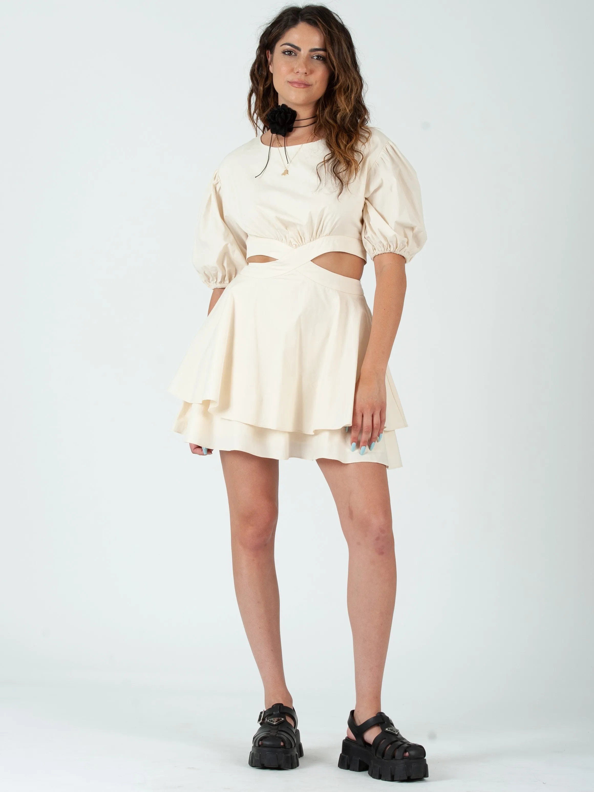 WHITNEY PUFF SLEEVE CUTOUT DRESS-IVORY sold by Lucca Couture