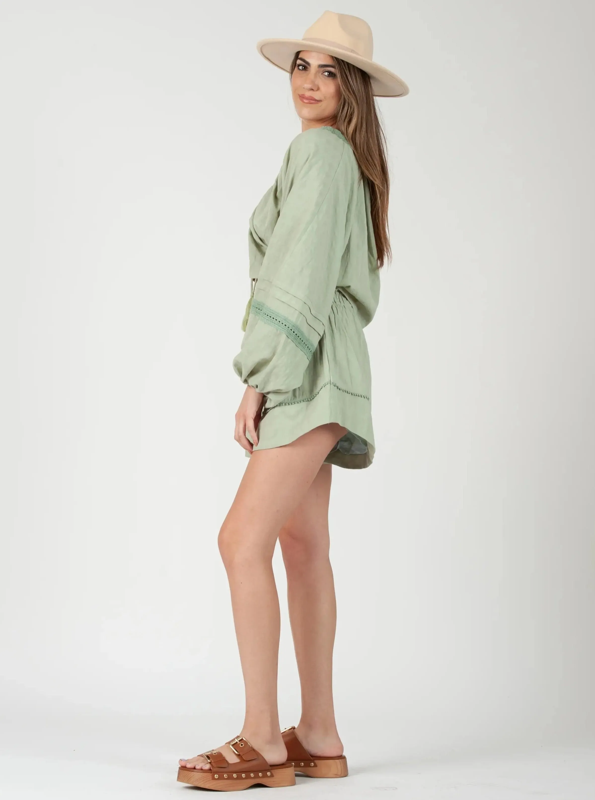 VISO HIGH WAISTED SHORTS-SAGE sold by Lucca Couture product image thumbnail 2