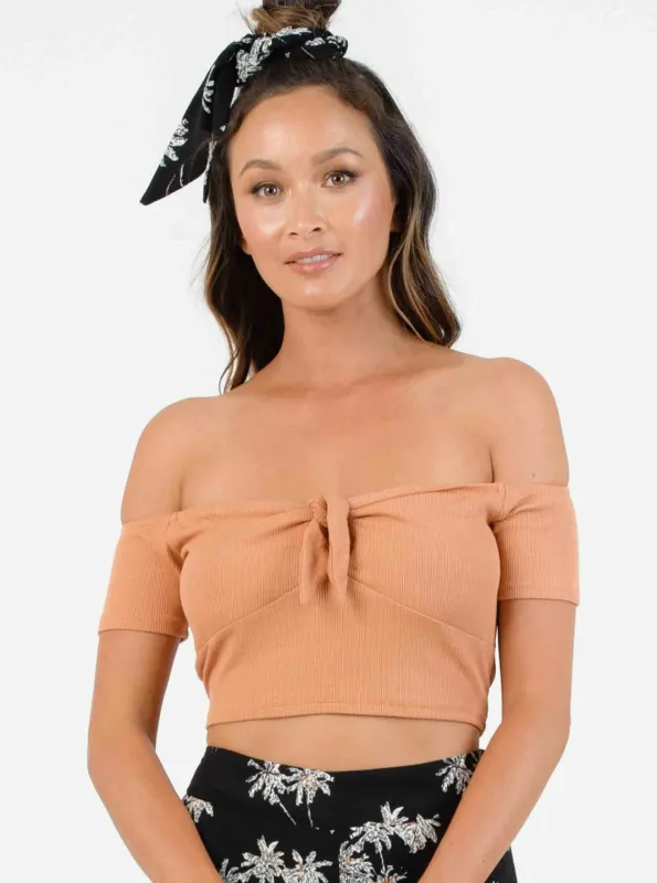 ROLLAND TIE FRONT CROP TOP-CARAMEL sold by Lucca Couture