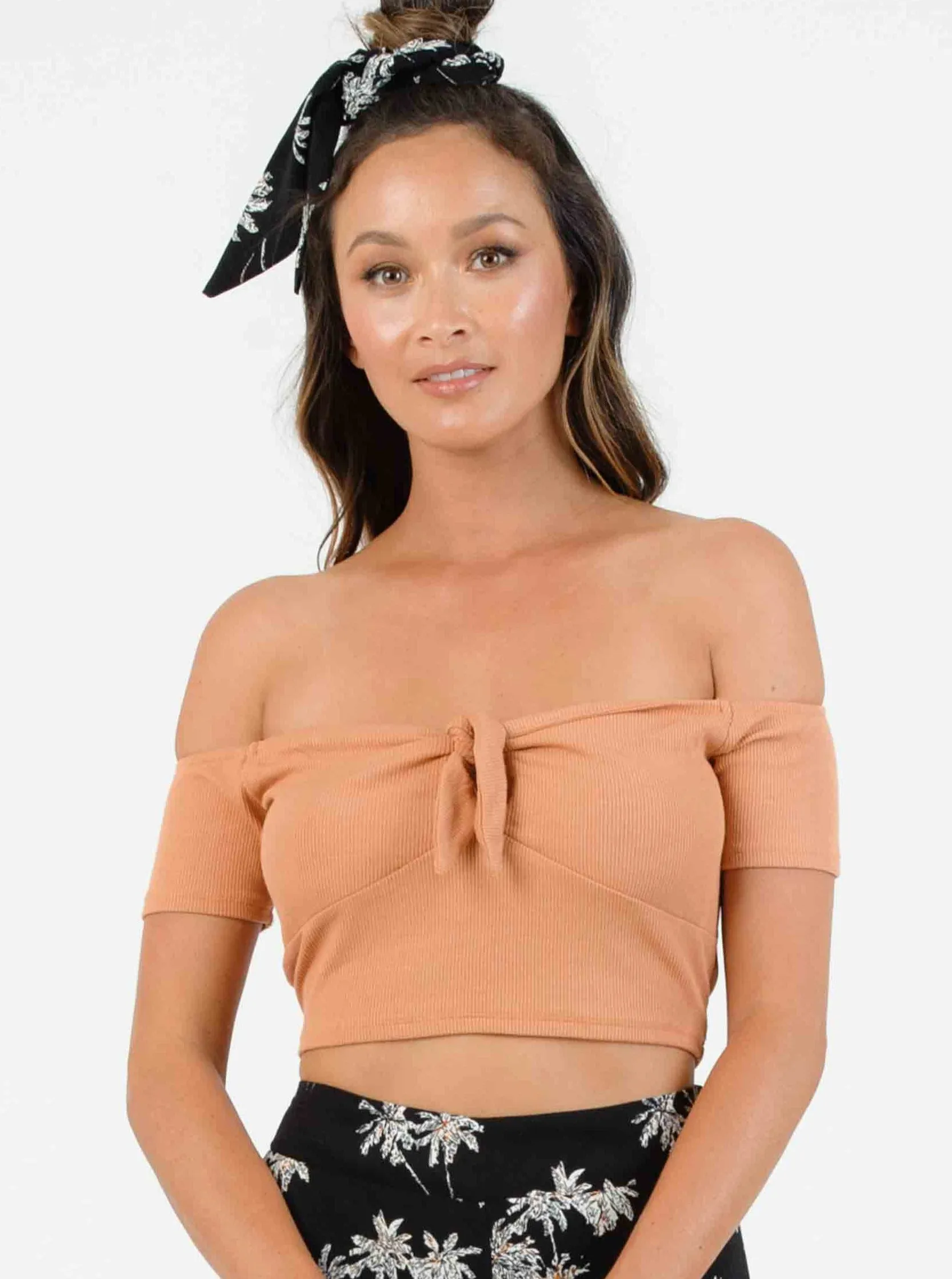 ROLLAND TIE FRONT CROP TOP-CARAMEL sold by Lucca Couture