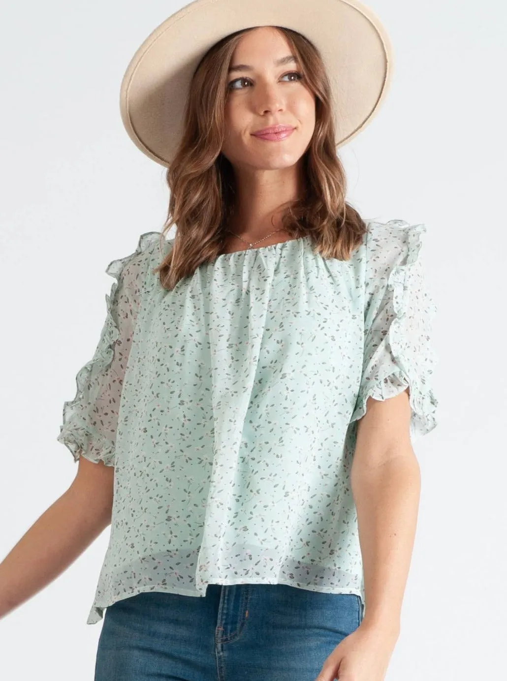 RAILAY RUFFLE SLEEVE BLOUSE-MINT FLORAL sold by Lucca Couture