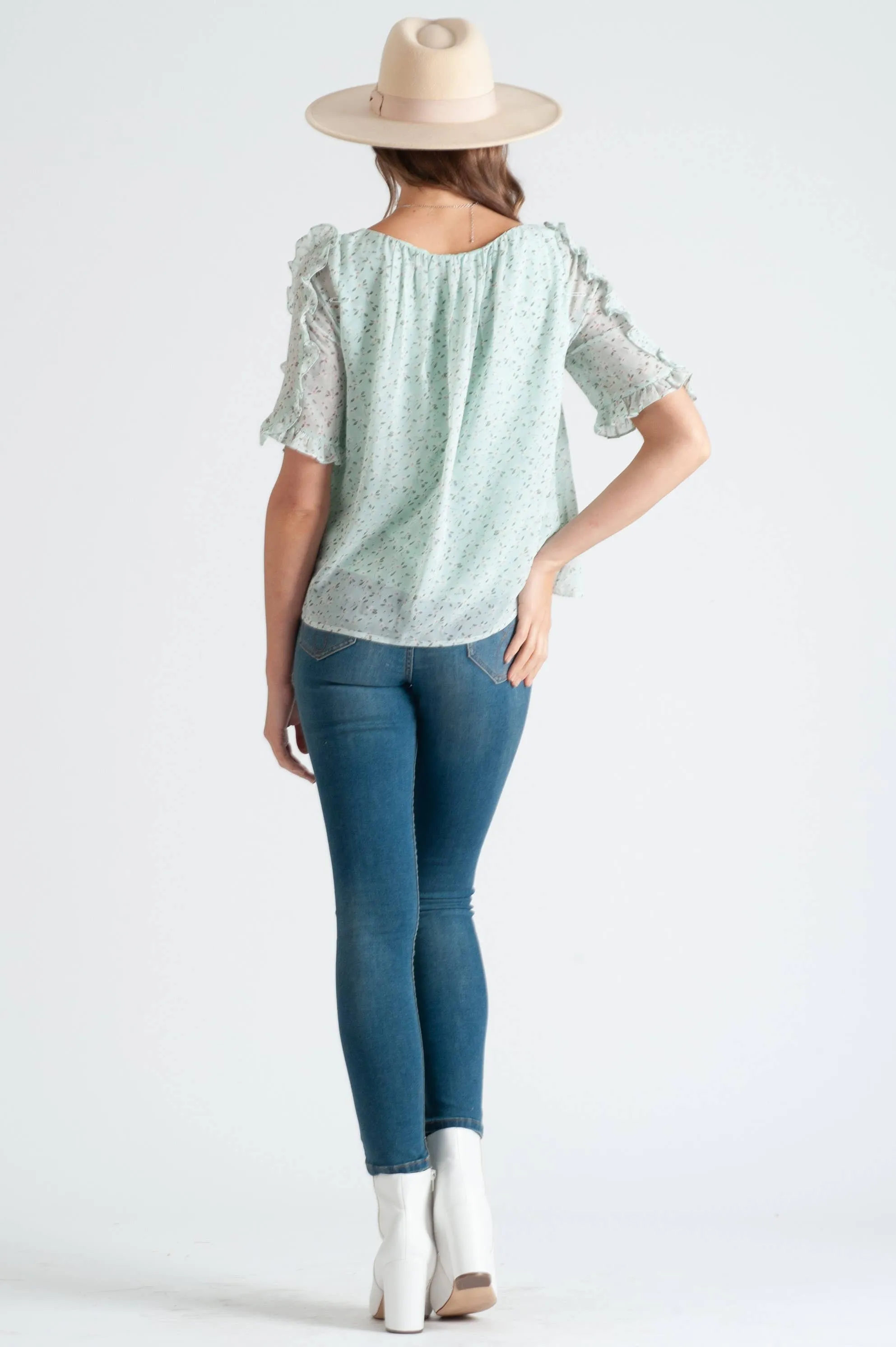 RAILAY RUFFLE SLEEVE BLOUSE-MINT FLORAL sold by Lucca Couture product image thumbnail 2