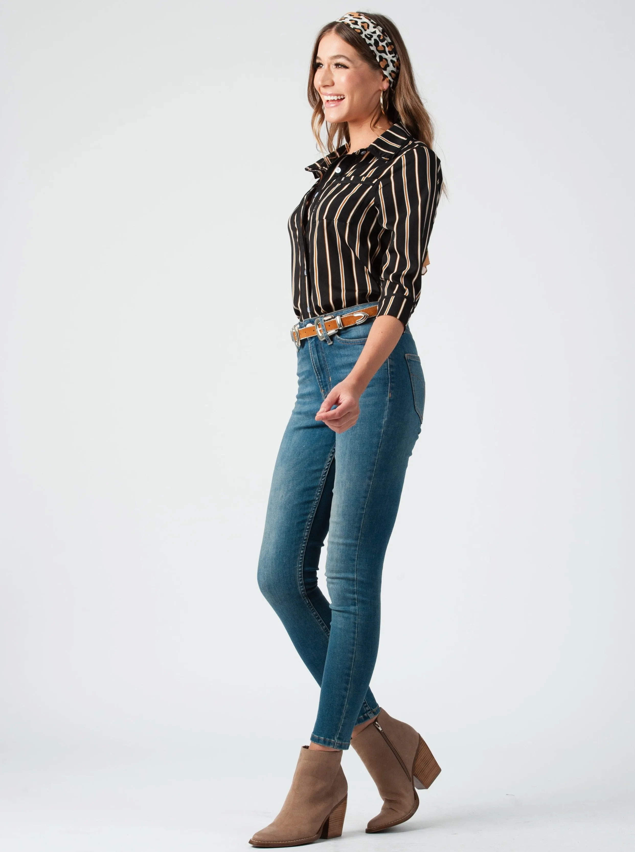 PAJAMA BUTTON DOWN BLOUSE-BLACK STRIPE sold by Lucca Couture product image thumbnail 2