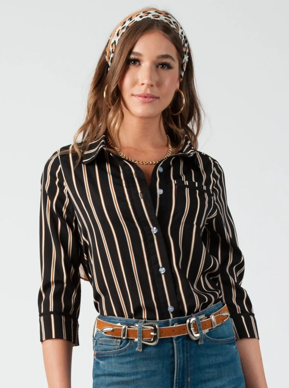 PAJAMA BUTTON DOWN BLOUSE-BLACK STRIPE sold by Lucca Couture