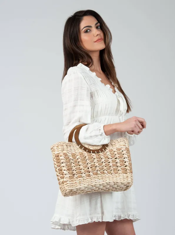 PEONIES BASKET WEAVE BAG-IVORY/TAN sold by Lucca Couture