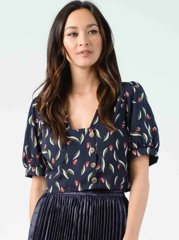 PENNY PUFF BUTTON FRONT BLOUSE-NAVY FLORAL sold by Lucca Couture
