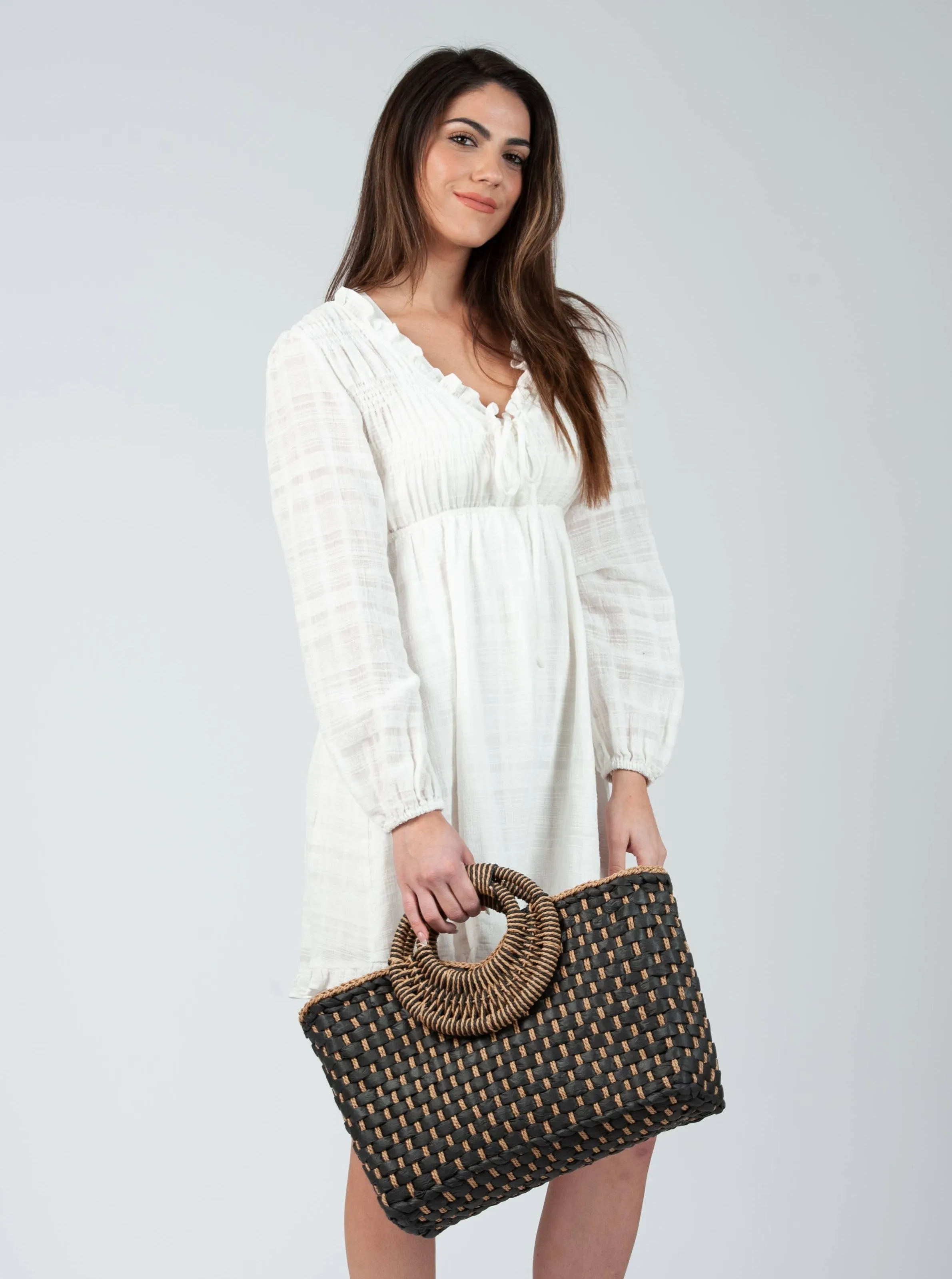 OXALIS BASKET WEAVE BAG-NAVY/TAN sold by Lucca Couture