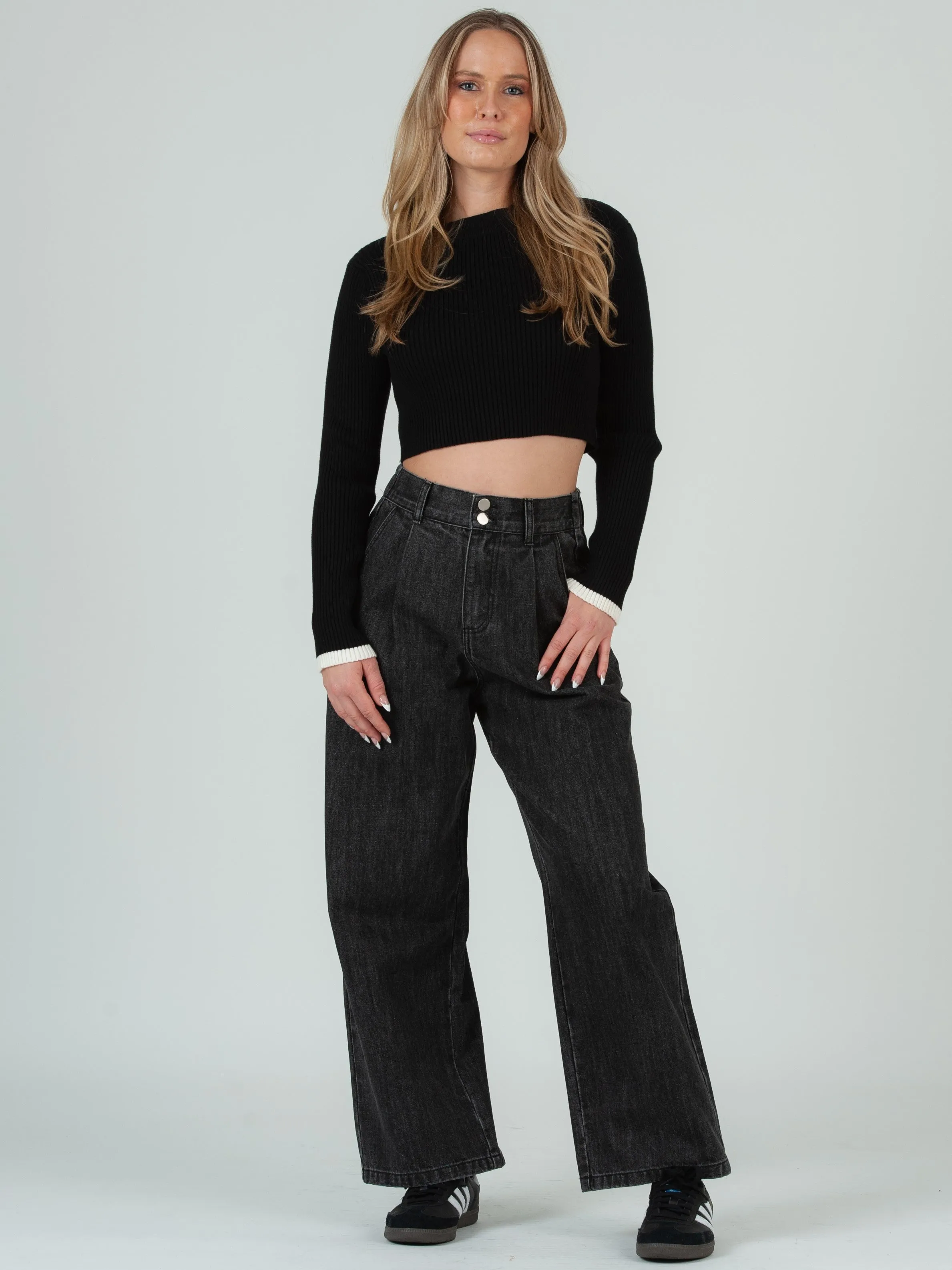 MADDIE KNIT SWEATER TOP-BLACK/WHITE sold by Lucca Couture