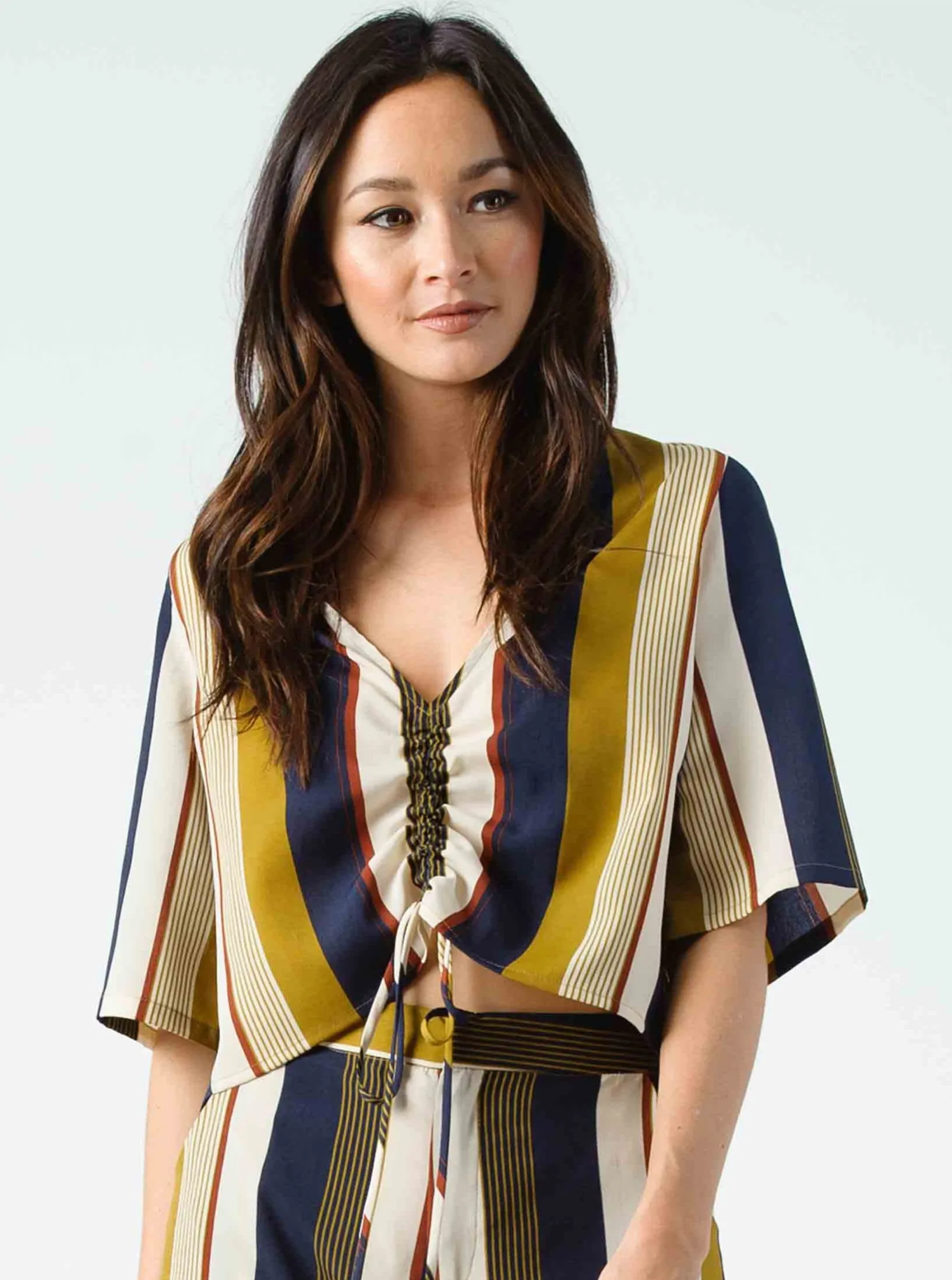 KARMA CINCHED BLOUSE-HARVEST STRIPE sold by Lucca Couture