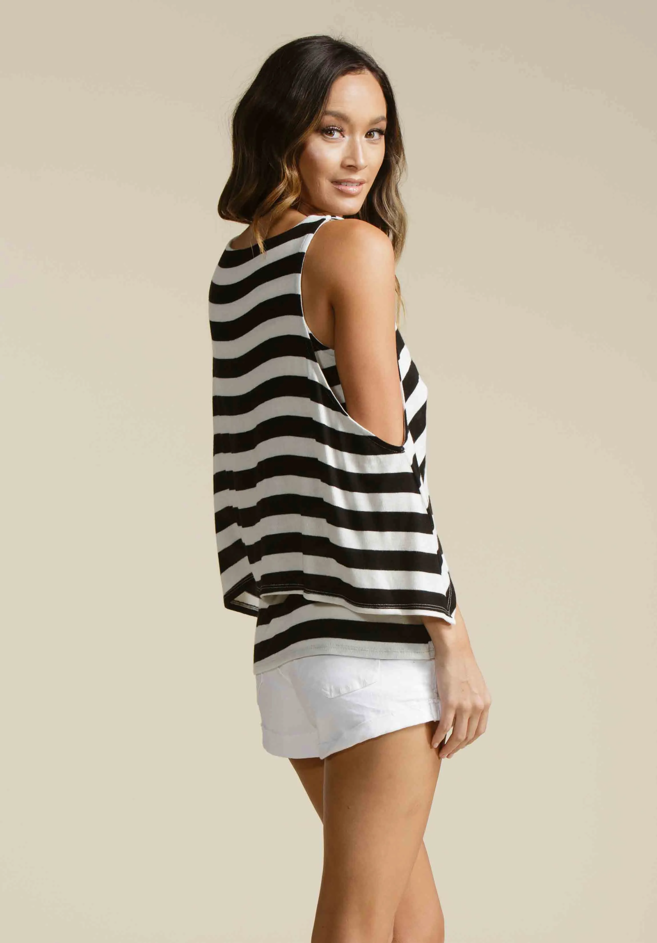 JORDAN COLD SHOULDER OVERLAY-BLACK/WHITE STRIPE sold by Lucca Couture product image thumbnail 2