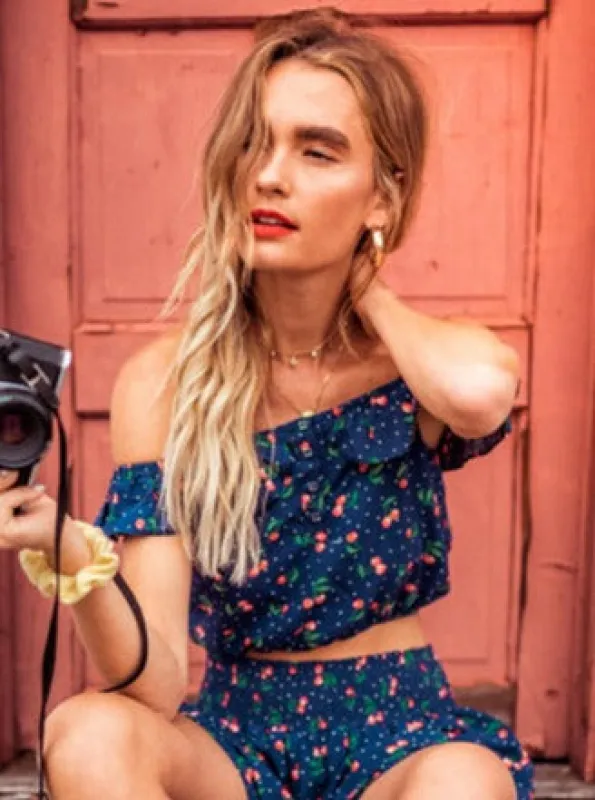 JULIET OTS CROP TOP-NAVY CHERRY sold by Lucca Couture