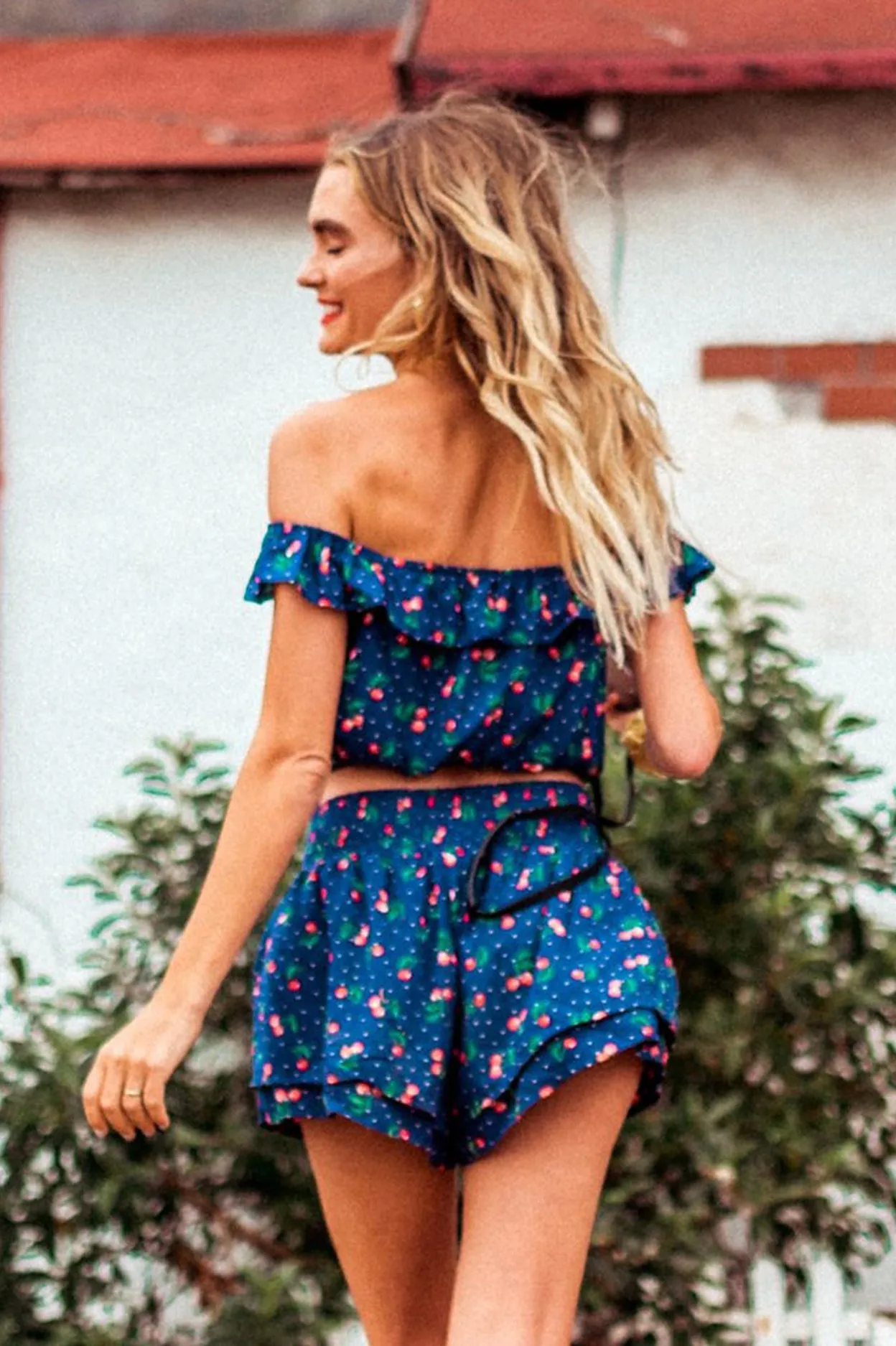 JULIET OTS CROP TOP-NAVY CHERRY sold by Lucca Couture product image thumbnail 4