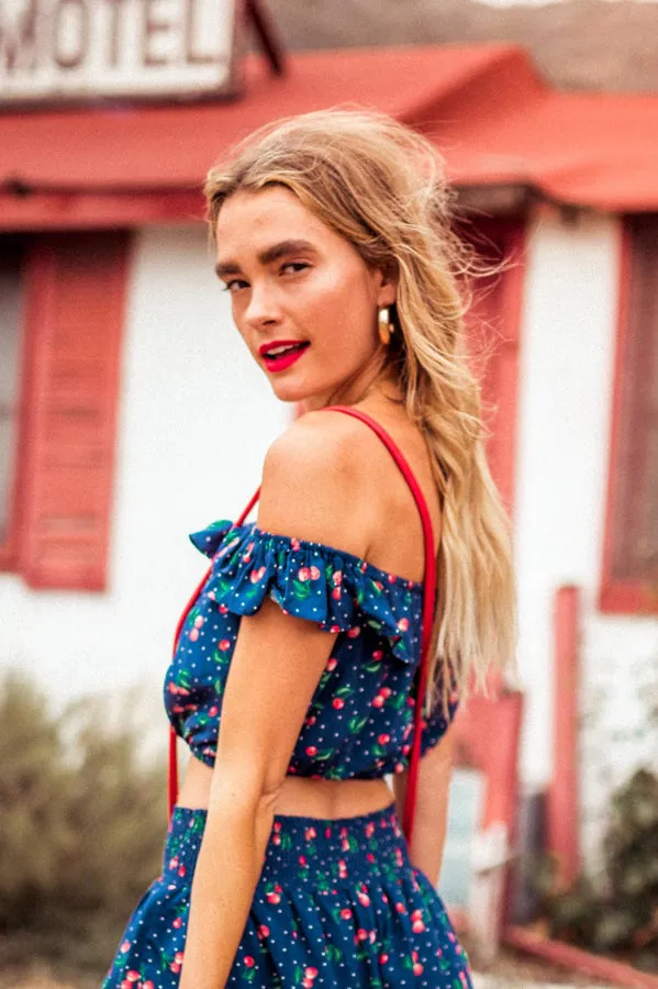 JULIET OTS CROP TOP-NAVY CHERRY sold by Lucca Couture product image thumbnail 2