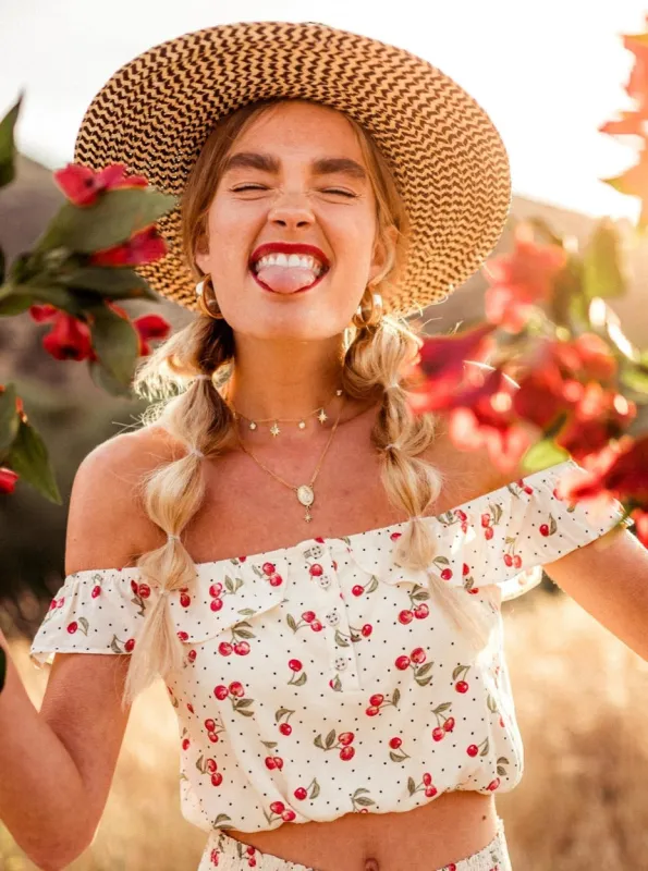 JULIET OTS CROP TOP-IVORY CHERRY sold by Lucca Couture