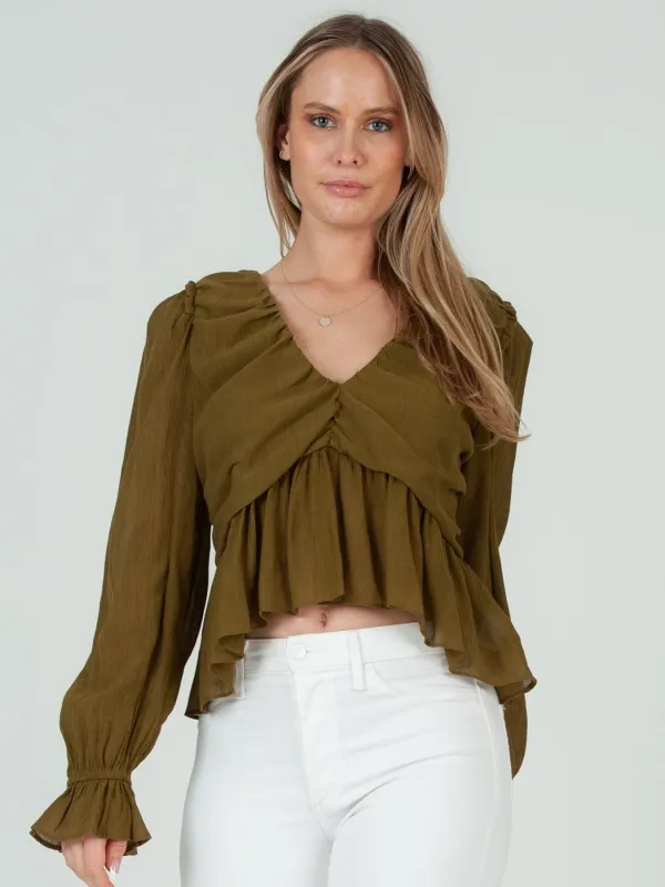 JANELLE FLUTTER HEM BLOUSE-OLIVE sold by Lucca Couture