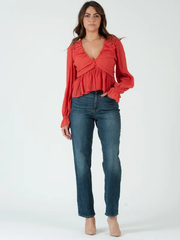 JANELLE FLUTTER HEM BLOUSE-PERSIMMON sold by Lucca Couture