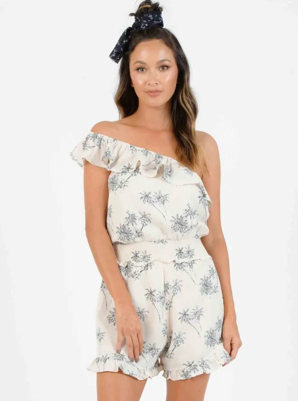 JOEY ONE SHOULDER RUFFLE ROMPER-SANDY PALM sold by Lucca Couture