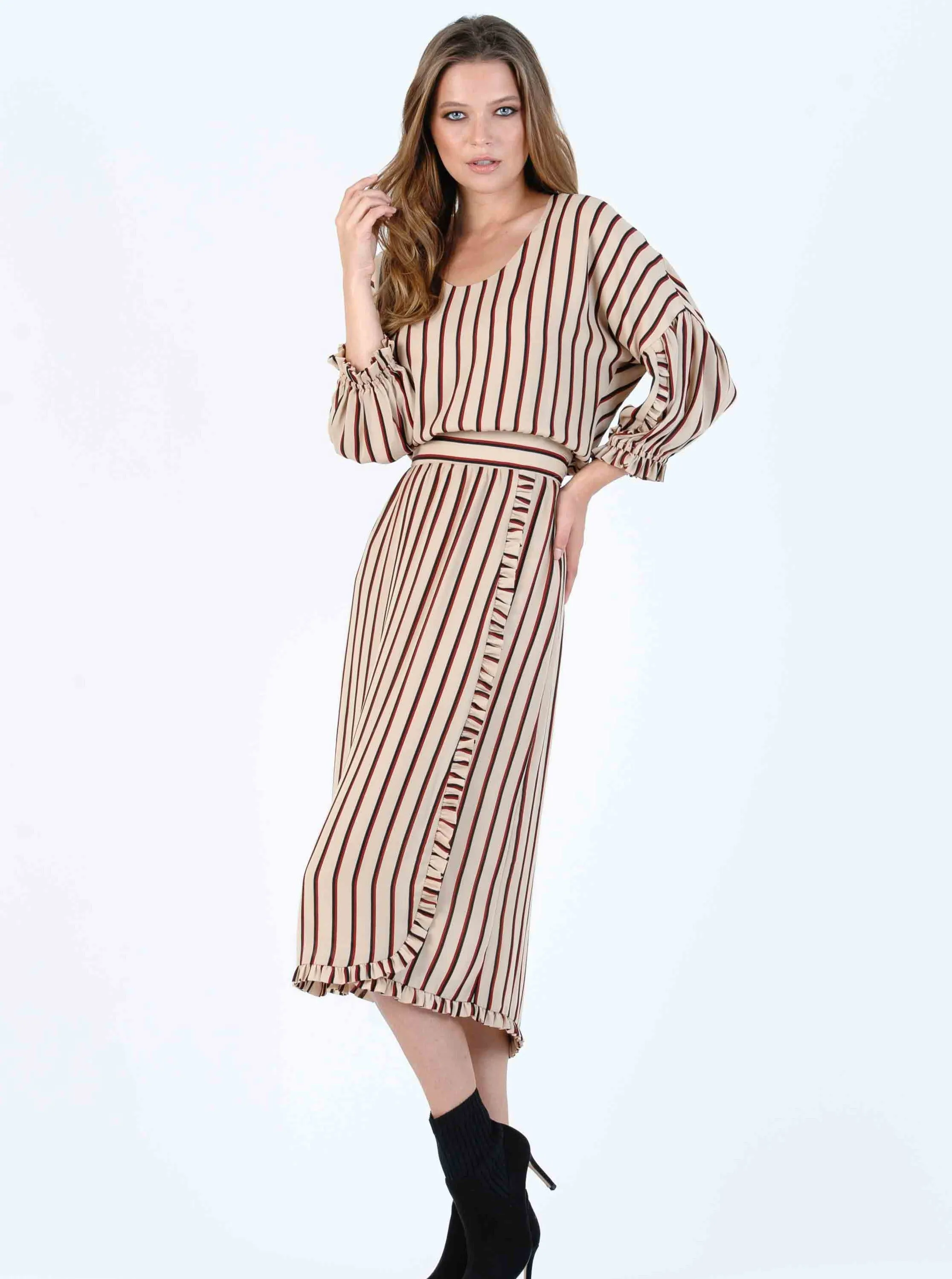 LENOX RUFFLED MAXI DRESS-TAN AUBURN STRIPE sold by Lucca Couture
