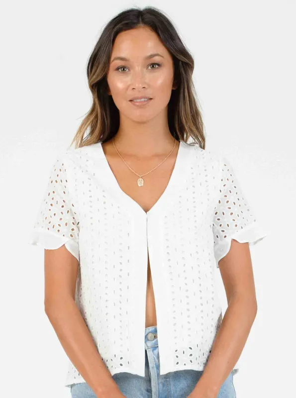 ORION TOP W/ PEDAL SLEEVES-WHITE EYELET sold by Lucca Couture