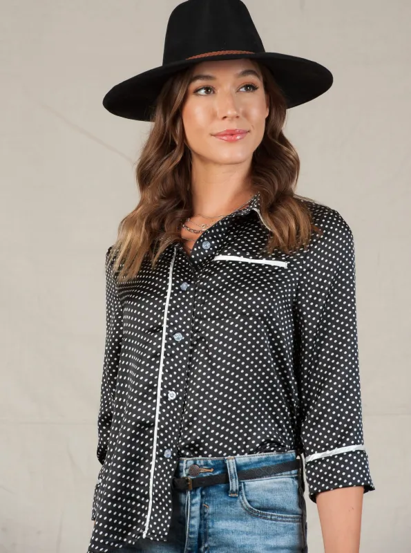 PAJAMA BUTTON DOWN BLOUSE-BLACK POLKA DOT sold by Lucca Couture