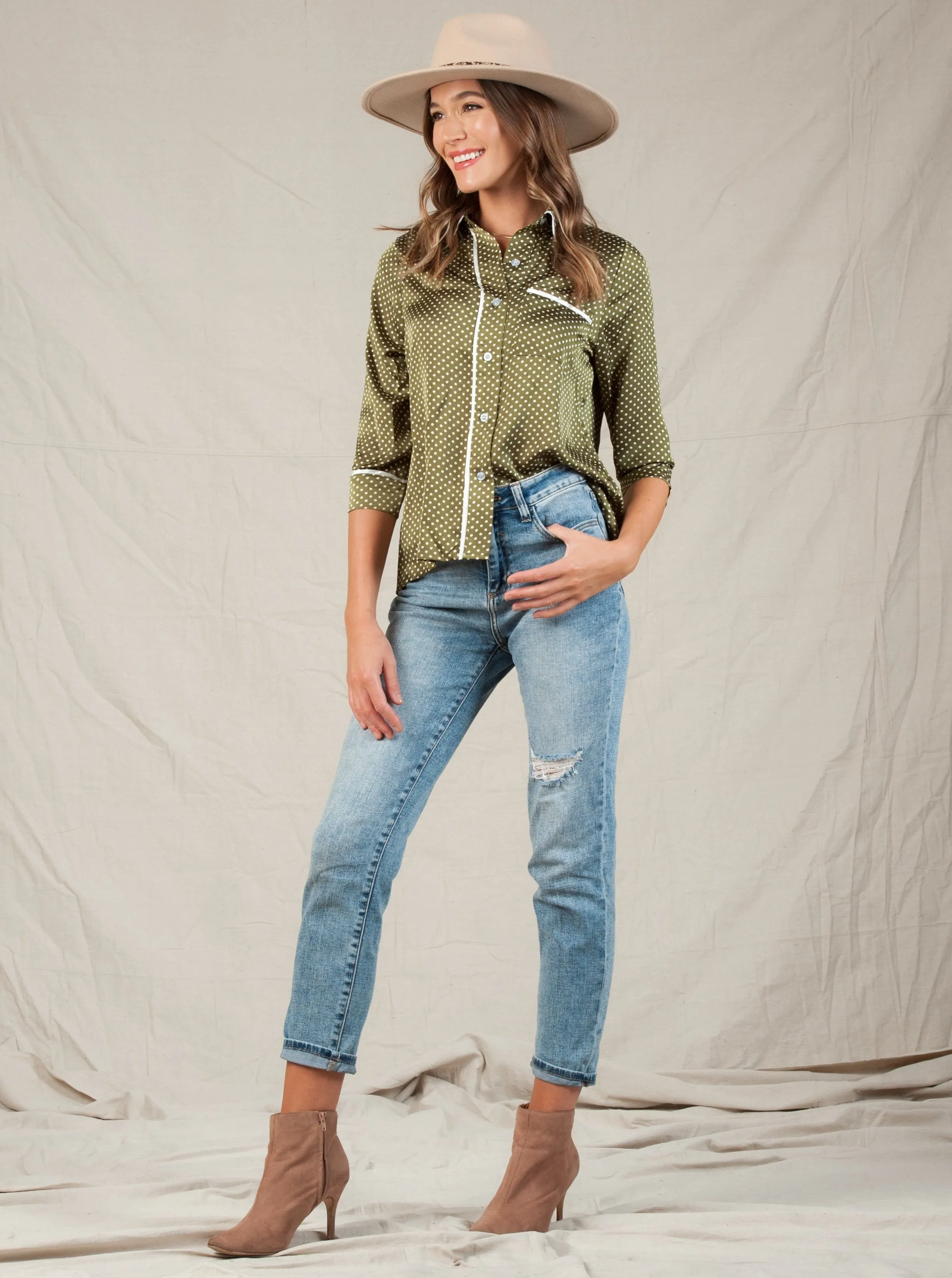 PAJAMA BUTTON DOWN BLOUSE-OLIVE POLKA DOT sold by Lucca Couture product image thumbnail 2