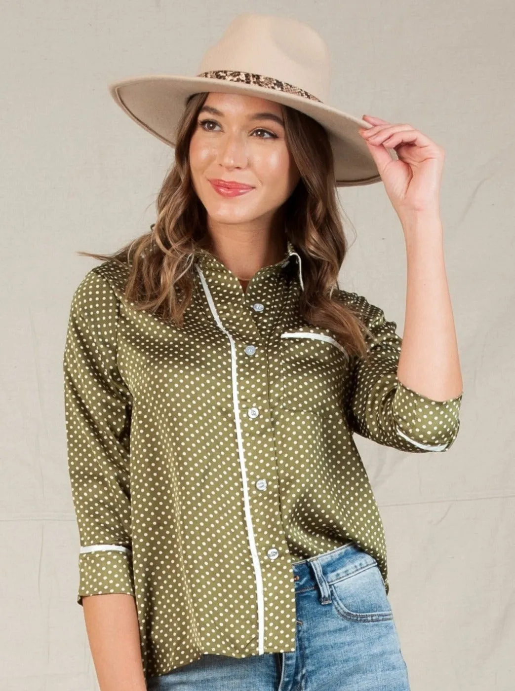 PAJAMA BUTTON DOWN BLOUSE-OLIVE POLKA DOT sold by Lucca Couture