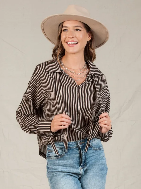 NANI COLLAR BLOUSE-BLACK MULTISTRIPE sold by Lucca Couture