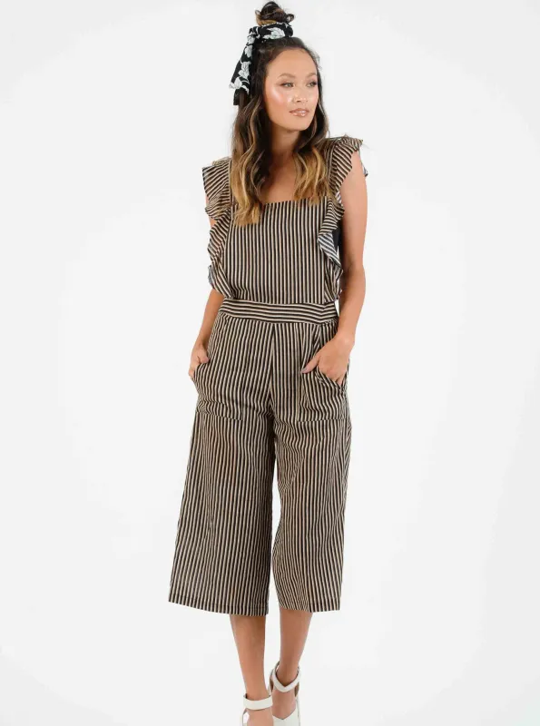 LILO RUFFLE BIB ROMPER-BLACK MULTISTRIPE sold by Lucca Couture